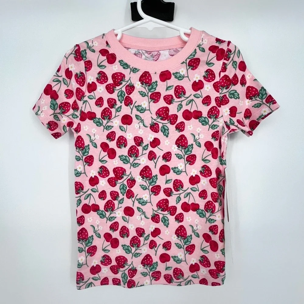 Pink‎ Strawberry Cherry Print Pajamas Girls 5T Snug Fit 2pc Set Springtime Cute